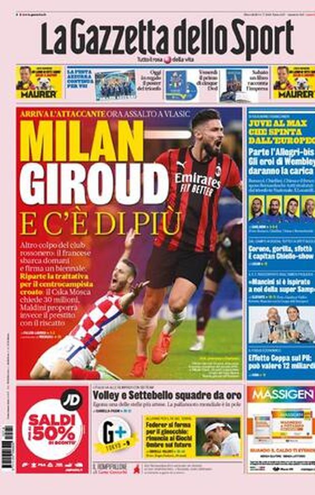 Prima Pagina, La Gazzetta dello Sport: “Milan, Giroud e c’è di più” 