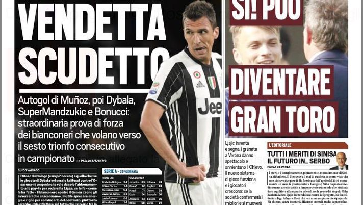 Prima Pagina, Tuttosport: “Vendetta scudetto, la Juve cancella il Genoa. Polveriera Milan, aggredito De Sciglio” 
