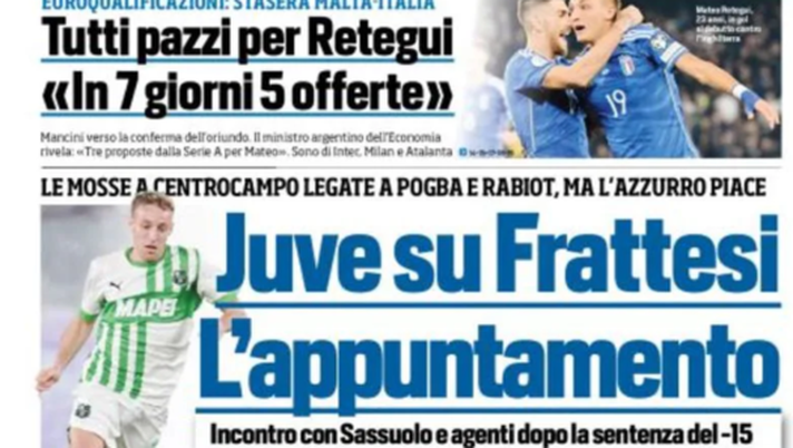 EDICOLA / TS: Juve su Frattesi. Retegui, offerte da Inter, Milan e Atalanta EDICOLA / TS: Juve su Frattesi. Retegui, offerte da Inter, Milan e Atalanta - immagine 1