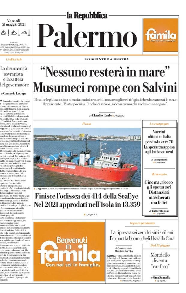 Prima Pagina, La Repubblica-Palermo: “Musumeci rompe con Salvini. Vaccini, ultimi in Italia” 