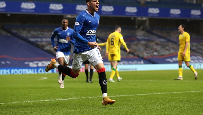 GLASGOW, SCOTLAND - DECEMBER 26: Ianis Hagi of Rangers celebrates after scoring their team's first goal during the Ladbrokes Scottish Premiership match between Rangers and Hibernian at Ibrox Stadium on December 26, 2020 in Glasgow, Scotland. The match will be played without fans, behind closed doors as a Covid-19 precaution. (Photo by Ian MacNicol/Getty Images) GLASGOW, SCOTLAND - DECEMBER 26: Ianis Hagi of Rangers celebrates after scoring their team's first goal during the Ladbrokes Scottish Premiership match between Rangers and Hibernian at Ibrox Stadium on December 26, 2020 in Glasgow, Scotland. The match will be played without fans, behind closed doors as a Covid-19 precaution. (Photo by Ian MacNicol/Getty Images)
