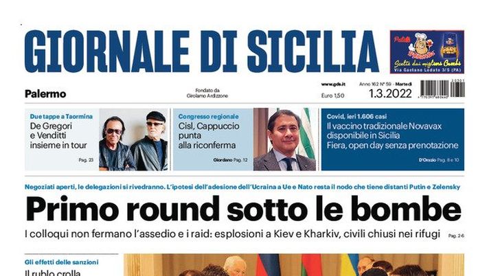 Prima Pagina, Giornale di Sicilia: “Primo round sotto le bombe. L’Isola si mobilita” Prima Pagina
