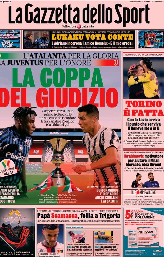 Prima Pagina, La Gazzetta dello Sport: “Lukaku vota Conte. La Coppa del giudizio. Torino, è fatta”  Prima Pagina, La Gazzetta dello Sport: “Lukaku vota Conte. La Coppa del giudizio. Torino, è fatta”