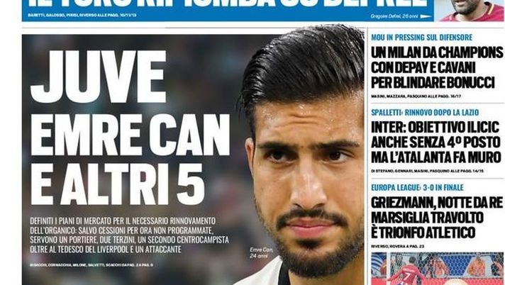 Prima Pagina, Tuttosport: “Juve, Emre Can e altri 5. PSG e Real tentano Buffon. Il Toro piomba su Defrel. Milan da Champions con Cavani…”  Prima Pagina, Tuttosport: “Juve, Emre Can e altri 5. PSG e Real tentano Buffon. Il Toro piomba su Defrel. Milan da Champions con Cavani…”