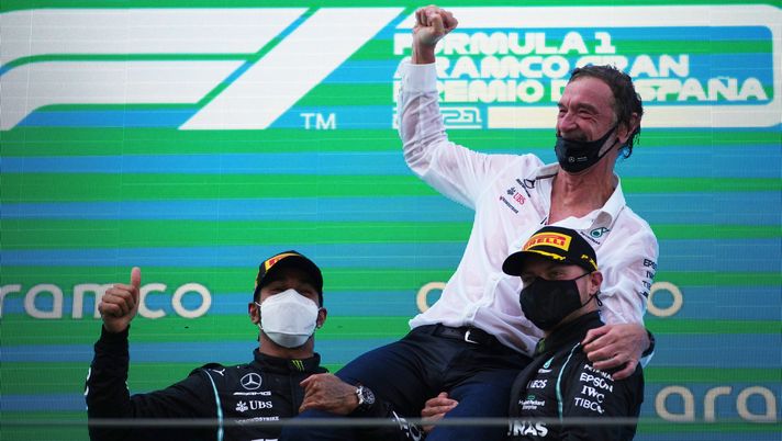 BARCELONA, SPAIN - MAY 09: Race winner Lewis Hamilton of Great Britain and Mercedes GP and third placed Valtteri Bottas of Finland and Mercedes GP celebrate with Ineos CEO Sir Jim Ratcliffe on the podium during the F1 Grand Prix of Spain at Circuit de Barcelona-Catalunya on May 09, 2021 in Barcelona, Spain. (Photo by Emilio Morenatti - Pool/Getty Images) BARCELONA, SPAIN - MAY 09: Race winner Lewis Hamilton of Great Britain and Mercedes GP and third placed Valtteri Bottas of Finland and Mercedes GP celebrate with Ineos CEO Sir Jim Ratcliffe on the podium during the F1 Grand Prix of Spain at Circuit de Barcelona-Catalunya on May 09, 2021 in Barcelona, Spain. (Photo by Emilio Morenatti - Pool/Getty Images)