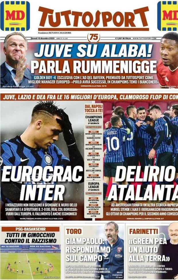  La prima pagina di Tuttosport,in in edicola oggi, 10 dicembre 2020 