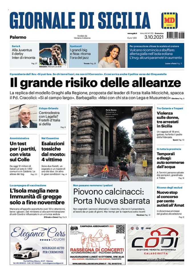 Prima Pagina, Giornale di Sicilia: “Il grande risiko delle alleanze”  Prima Pagina, Giornale di Sicilia: “Il grande risiko delle alleanze” - immagine 1