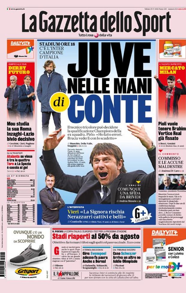 Prima Pagina, La Gazzetta dello Sport: “Juve nelle mani di Conte. Stadi riaperti al 50% da agosto” Prima Pagina, La Gazzetta dello Sport: “Juve nelle mani di Conte. Stadi riaperti al 50% da agosto”