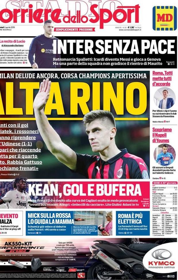 Prima Pagina, Corriere dello Sport: “AltaRino. Kean, gol e bufera. Inter senza pace” Prima Pagina, Corriere dello Sport: “AltaRino. Kean, gol e bufera. Inter senza pace”