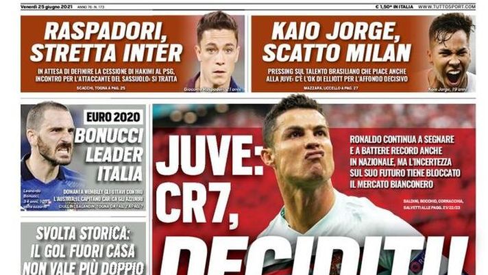 Prima Pagina, Tuttosport: “Juve, CR7 deciditi! Raspadori, stretta Inter” 