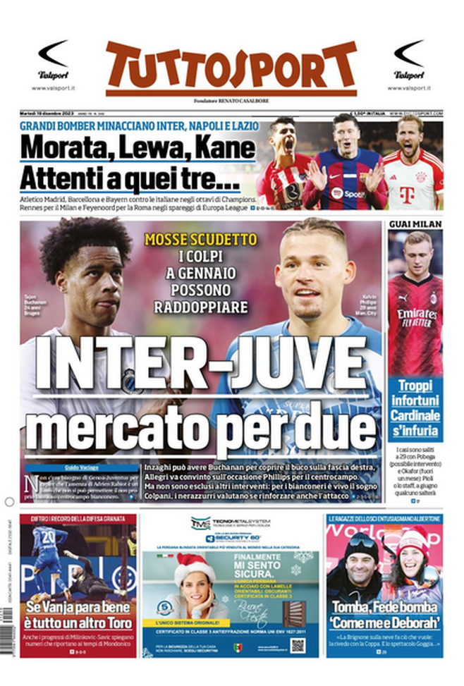 La prima pagine di Tuttosport 19/12/2023