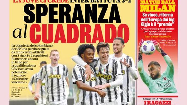 Prima Pagina, La Gazzetta dello Sport: “Speranza al Cuadrado. Storica Atalanta. Match ball Milan” Prima Pagina, La Gazzetta dello Sport: “Speranza al Cuadrado. Storica Atalanta. Match ball Milan”