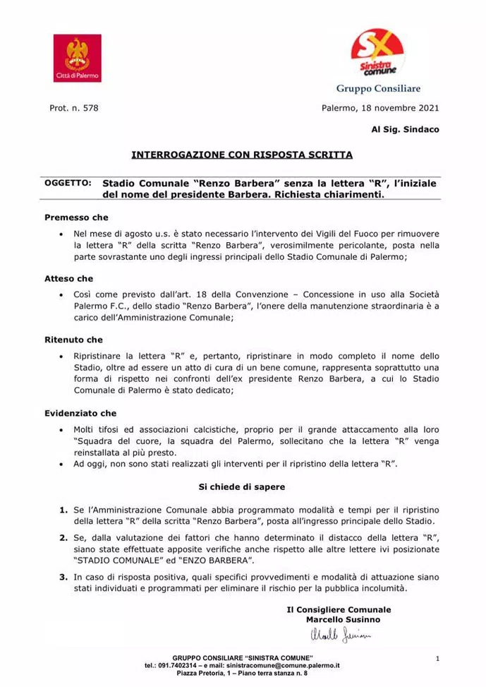 Palermo, Susinno e la “R” del Barbera: “Voglio tempi certi ...