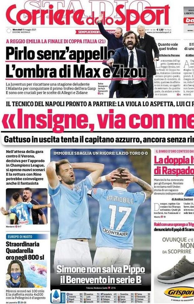 Prima Pagina, Corriere dello Sport: “Pirlo senz’appello, l’ombra di Max e Zizou. Simone non salva Pippo, Benevento in Serie B”  Prima Pagina, Corriere dello Sport: “Pirlo senz’appello, l’ombra di Max e Zizou. Simone non salva Pippo, Benevento in Serie B”