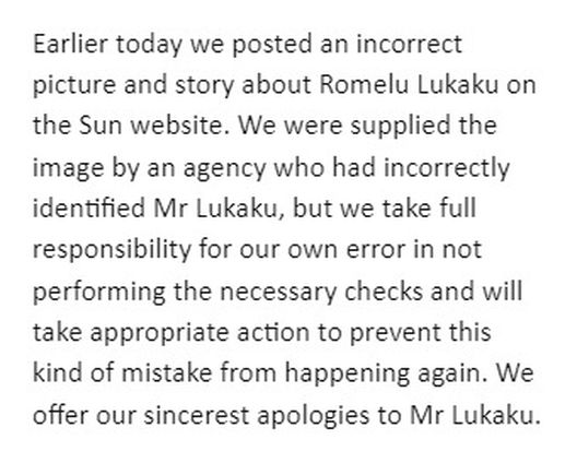 Il Sun si scusa con Lukaku: “Ecco il motivo dell’errore. Ci assumiamo le nostre responsabilità”- immagine 2