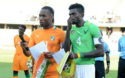 RUSTENBURG, SOUTH AFRICA - JANUARY 22: Emmanuel Adebayor of Togo (R) and Didier Drogba of Ivory Coast during the 2013 Orange African Cup of Nations match between Ivory Coast and Togo at Royal Bafokeng Stadium on January 22, 2013 in Rustenburg, South Africa. (Photo by Lefty Shivambu/Gallo Images/Getty Images) RUSTENBURG, SOUTH AFRICA - JANUARY 22: Emmanuel Adebayor of Togo (R) and Didier Drogba of Ivory Coast during the 2013 Orange African Cup of Nations match between Ivory Coast and Togo at Royal Bafokeng Stadium on January 22, 2013 in Rustenburg, South Africa. (Photo by Lefty Shivambu/Gallo Images/Getty Images)