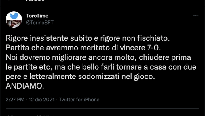 Torino-Bologna 2-1, le reazioni social: “Avremmo meritato di vincere 7-0” - immagine 1