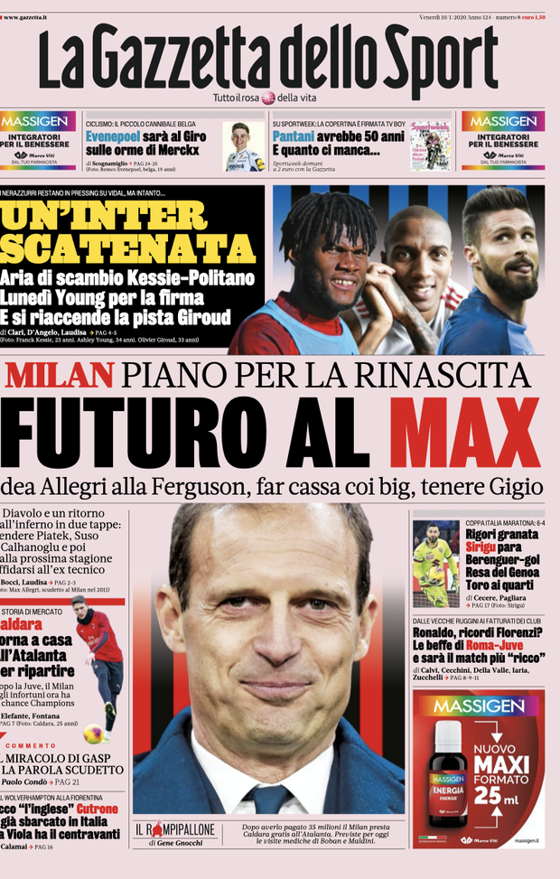 LE PRIME PAGINE DEI QUOTIDIANI SPORTIVI DEL 10.1