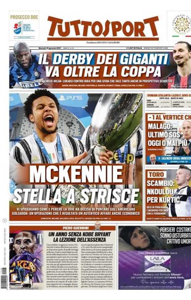 Prima Pagina, Tuttosport: “McKennie stella a strisce. Il derby dei giganti va oltre la Coppa” Prima Pagina, Tuttosport: “McKennie stella a strisce. Il derby dei giganti va oltre la Coppa”