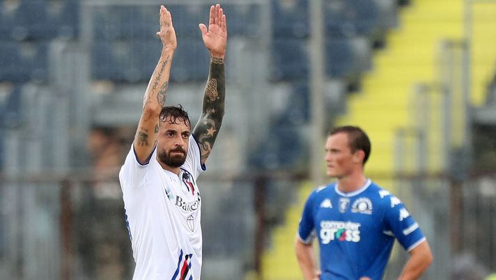 EMPOLI, ITALY - SEPTEMBER 19: Francesco Caputo of UC Sampdoria celebrates after scoring a goal during the Serie A match between Empoli FC and UC Sampdoria at Stadio Carlo Castellani on September 19, 2021 in Empoli, Italy. (Photo by Gabriele Maltinti/Getty Images) I voti ufficiali al fantacalcio: show di Caputo e Candreva! Mancuso si salva - immagine 1