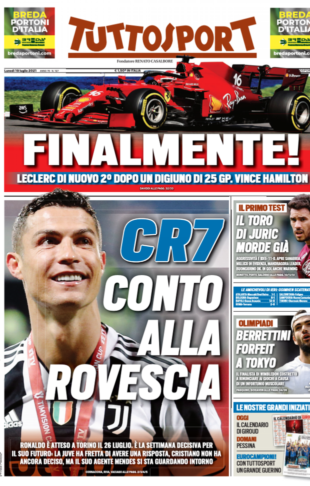 Prima Pagina, Tuttosport: “CR7, conto alla rovescia. Il Toro di Juric morde già” 