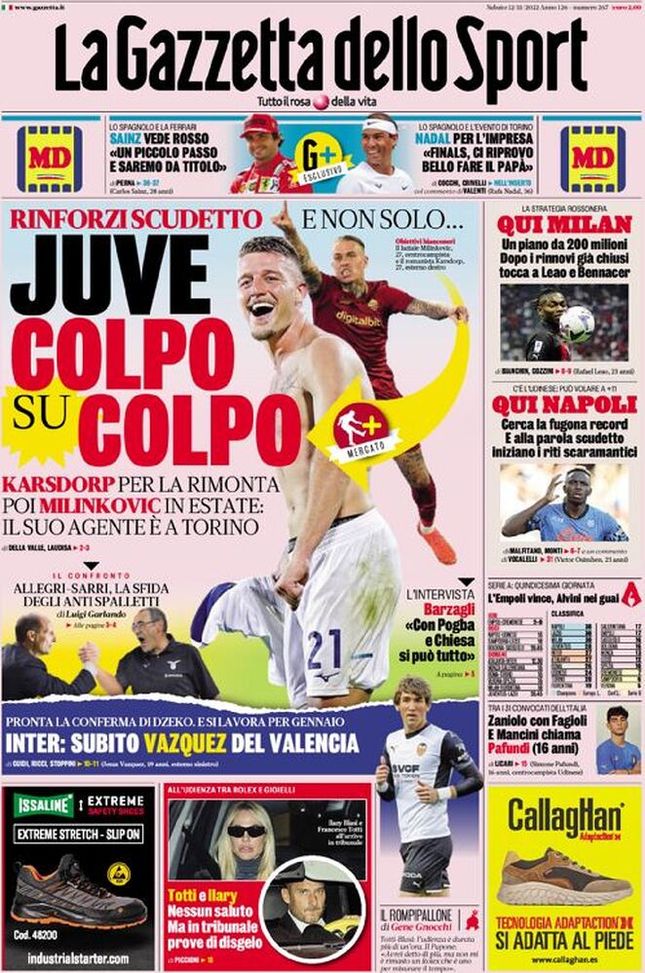 Prima pagina Gazzetta dello Sport 12/11/2022