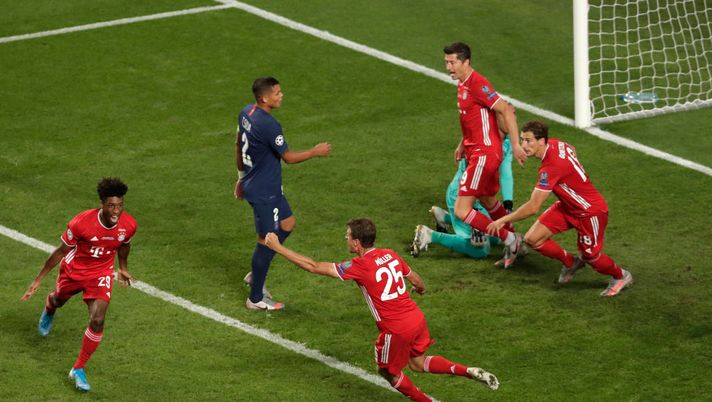 LISBON, PORTUGAL - AUGUST 23: Kingsley Coman of FC Bayern Munich celebrates after scoring his team's first goal during the UEFA Champions League Final match between Paris Saint-Germain and Bayern Munich at Estadio do Sport Lisboa e Benfica on August 23, 2020 in Lisbon, Portugal. (Photo by Manu Fernandez/Pool via Getty Images) LISBON, PORTUGAL - AUGUST 23: Kingsley Coman of FC Bayern Munich celebrates after scoring his team's first goal during the UEFA Champions League Final match between Paris Saint-Germain and Bayern Munich at Estadio do Sport Lisboa e Benfica on August 23, 2020 in Lisbon, Portugal. (Photo by Manu Fernandez/Pool via Getty Images)