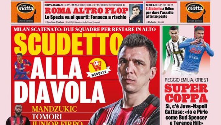 Prima Pagina, Gazzetta dello Sport: &#8220;Milan scatenato: due squadre per restare in alto. Stasera Supercoppa&#8221; 