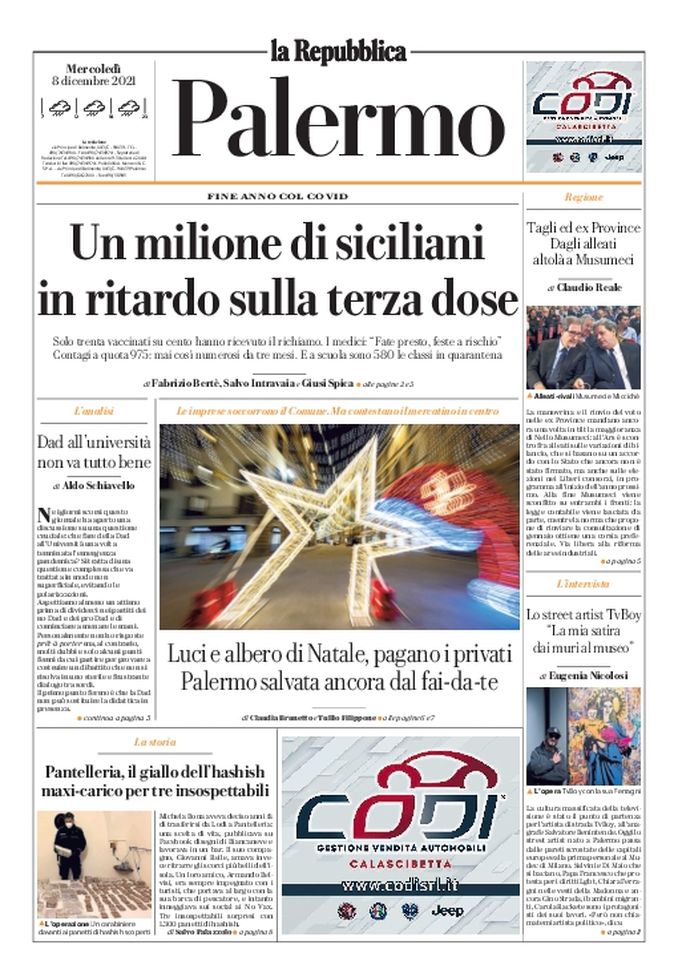 Prima Pagina, La Repubblica: “Un milione di siciliani in ritardo sulla terza dose“ - immagine 1