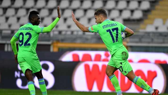 TURIN, ITALY - NOVEMBER 01: Ciro Immobile of SS Lazio celebrates a third goal a penalty during the Serie A match between Torino FC and SS Lazio at Stadio Olimpico di Torino on November 01, 2020 in Turin, Italy. (Photo by Marco Rosi - SS Lazio/Getty Images) 