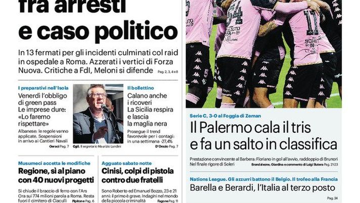Prima Pagina, Giornale di Sicilia: “Violenze no vax fra arresti e caso politico” Prima Pagina, Giornale di Sicilia: “Violenze no vax fra arresti e caso politico” - immagine 1