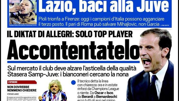 Prima Pagina, Tuttosport: &#8220;Zamparini rimette in porta Sorrentino. Palermo a nervi tesi. Lazio, baci alla Juve. Ferrero ad Agnelli&#8221; 