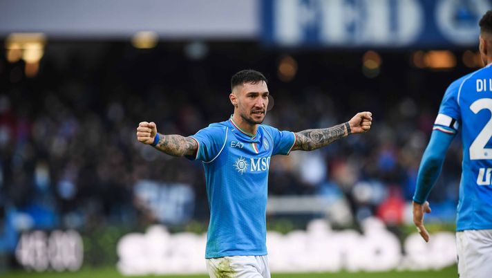 NAPLES, ITALY - JANUARY 13: Matteo Politano of Napoli celebrates after scoring the first goal of Napoli during the Serie A TIM match between SSC Napoli and US Salernitana - Serie A TIM at Stadio Diego Armando Maradona on January 13, 2024 in Naples, Italy. (Photo by SSC NAPOLI/SSC NAPOLI via Getty Images) politano al shabab
