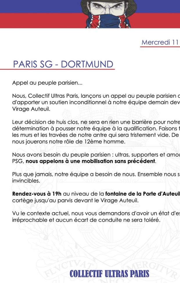 Il comunicato che preannuncia il ritrovo dei tiffosi parigini prima della partita 