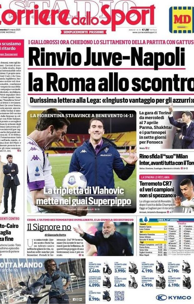  La prima pagina del Corriere dello Sport, in edicola oggi 14 marzo 2021 