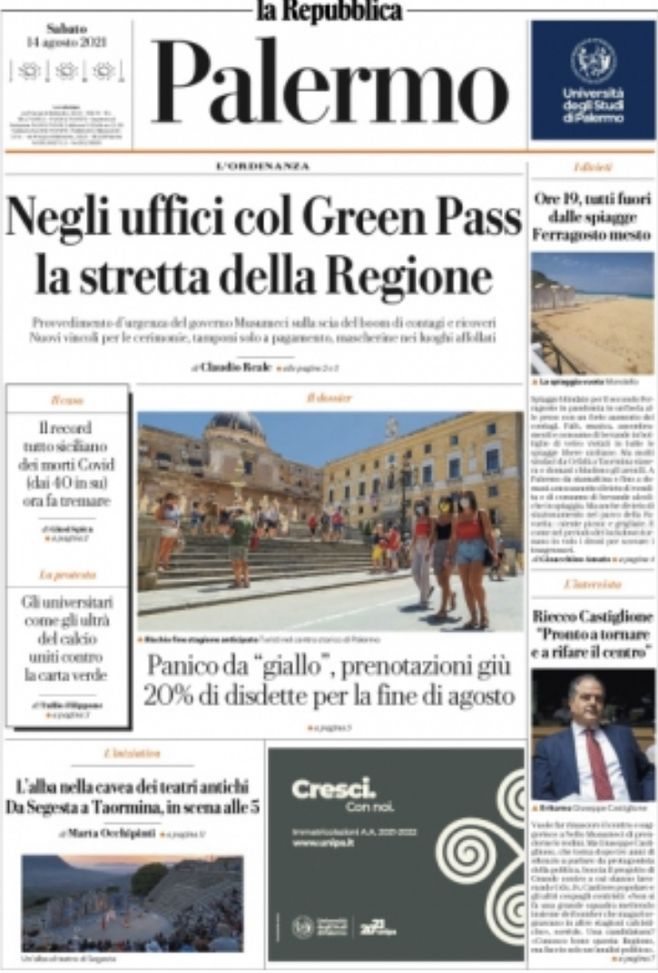 Prima Pagina, La Repubblica Palermo: “” Negli uffici col Green Pass” Prima Pagina, La Repubblica Palermo: “” Negli uffici col Green Pass”