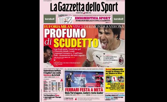 Prima Pagina, La Gazzetta dello Sport: “Euforia Milan… Profumo di scudetto” Prima Pagina