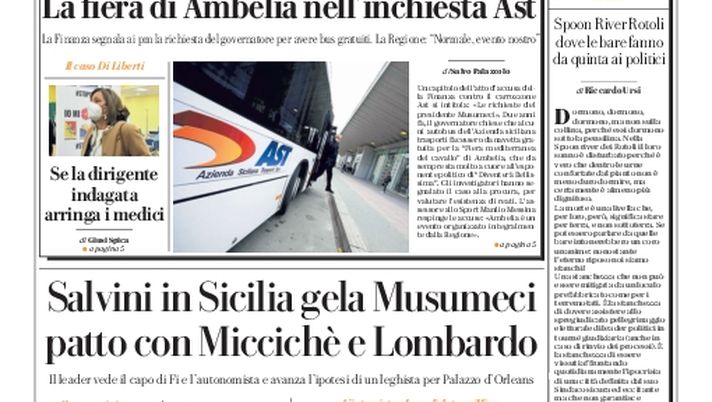 Prima Pagina, La Repubblica-Palermo: “Salvini, patto con Miccichè e Lombardo” - immagine 1