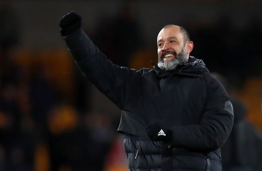  WOLVERHAMPTON, ENGLAND - FEBRUARY 20: Nuno Espirito Santo, Manager of Wolverhampton Wanderers celebrates following his sides victory after the UEFA Europa League round of 32 first leg match between Wolverhampton Wanderers and Espanyol Barcelona at Molineux on February 20, 2020 in Wolverhampton, United Kingdom. (Photo by David Rogers/Getty Images) 