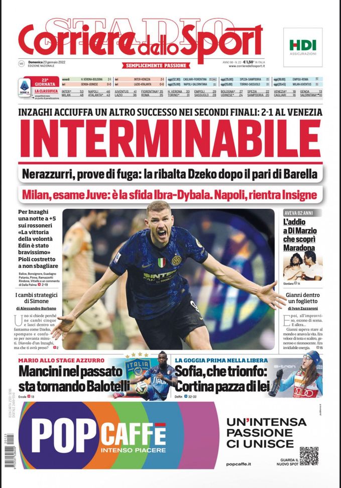 EDICOLA CDS – Interminabile. Nerazzurri, prove di fuga: la ribalta Dzeko - immagine 1