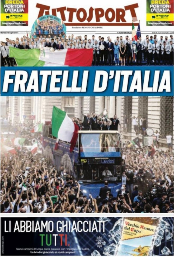 Pullman scoperto e parata fra i tifosi. Tuttosport titola: “Fratelli d’Italia” Pullman scoperto e parata fra i tifosi. Tuttosport titola: “Fratelli d’Italia” - immagine 1