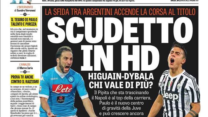 Prima Pagina, La Gazzetta dello Sport: “Scudetto in HD. Higuain-Dybala, chi vale di più? L’Inter punta tutto su Eder. Roma, rotta su Perotti” 