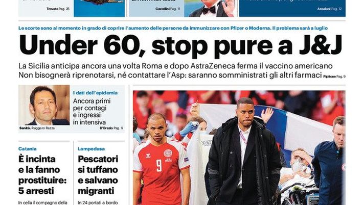 Prima Pagina, Giornale di Sicilia: “Under 60, stop pure a J&J. Eriksen, dramma e sollievo” 