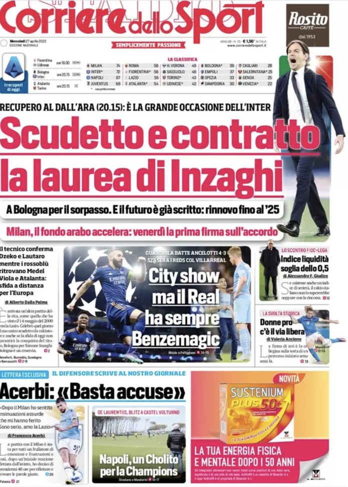Prima Pagina, Corriere dello Sport: “City show, ma il Real ha sempre Benzemagic”  prima pagina
