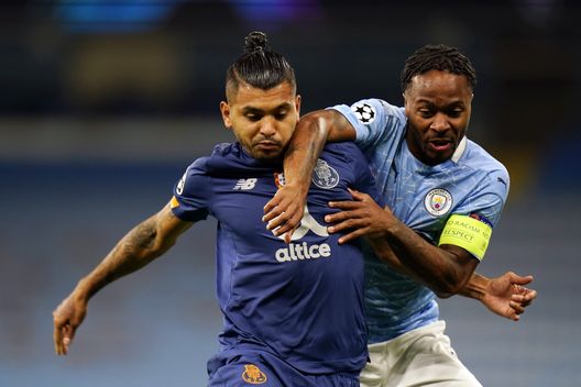 MANCHESTER, ENGLAND - OCTOBER 21: Raheem Sterling of Manchester City battles for possession with Jesus Manuel Corona of FC Porto during the UEFA Champions League Group C stage match between Manchester City and FC Porto at Etihad Stadium on October 21, 2020 in Manchester, England. Sporting stadiums around the UK remain under strict restrictions due to the Coronavirus Pandemic as Government social distancing laws prohibit fans inside venues resulting in games being played behind closed doors. (Photo by Tim Keeton - Pool/Getty Images) MANCHESTER, ENGLAND - OCTOBER 21: Raheem Sterling of Manchester City battles for possession with Jesus Manuel Corona of FC Porto during the UEFA Champions League Group C stage match between Manchester City and FC Porto at Etihad Stadium on October 21, 2020 in Manchester, England. Sporting stadiums around the UK remain under strict restrictions due to the Coronavirus Pandemic as Government social distancing laws prohibit fans inside venues resulting in games being played behind closed doors. (Photo by Tim Keeton - Pool/Getty Images)