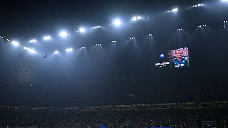 MILAN, ITALY - FEBRUARY 20: Players of FC Internazionale and players of Atletico Madrid observe a minute of silence in memory of Andreas Brehme before the UEFA Champions League 2023/24 round of 16 first leg match between FC Internazionale and Atletico Madrid at Stadio Giuseppe Meazza on February 20, 2024 in Milan, Italy. (Photo by Mattia Ozbot - Inter/Inter via Getty Images)