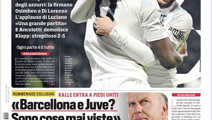 EDICOLA CDS – Napoli e Real Madrid galattici. Stasera c’è Inter-Porto - immagine 1