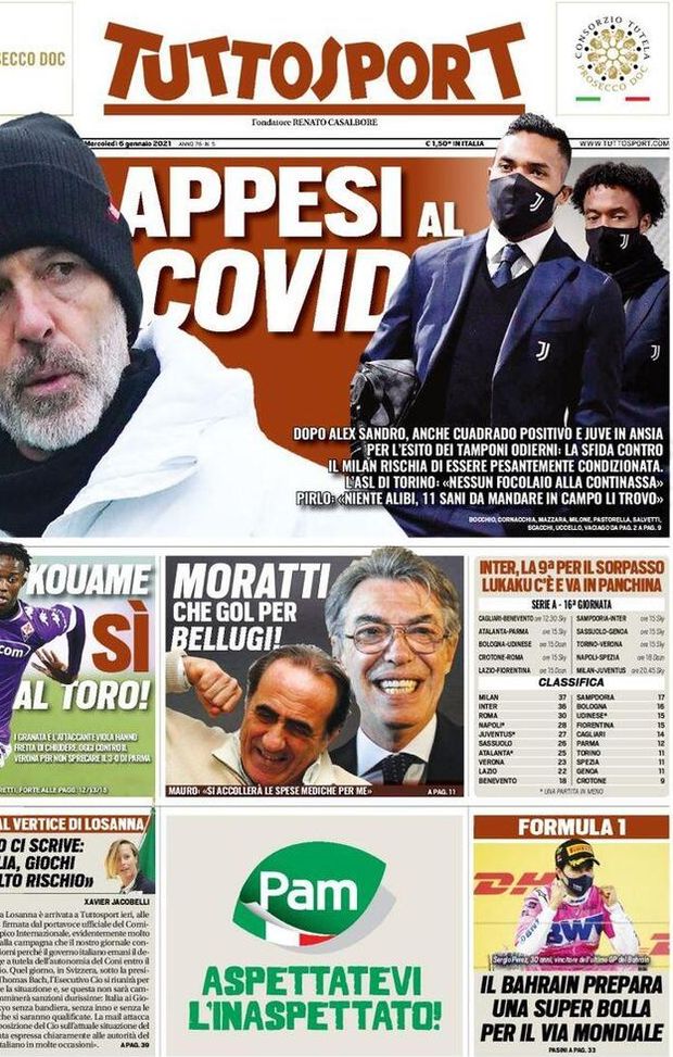 Prima Pagina, Tuttosport: &#8220;Milan-Juventus, gara appesa al Covid! Moratti e il gol per Bellugi&#8230;&#8221; 