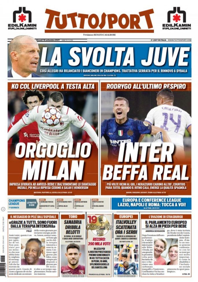 Prima Pagina, Tuttosport: “La svolta Juve. Orgoglio Milan. Inter, beffa Real”  Prima Pagina, Tuttosport: “La svolta Juve. Orgoglio Milan. Inter, beffa Real”