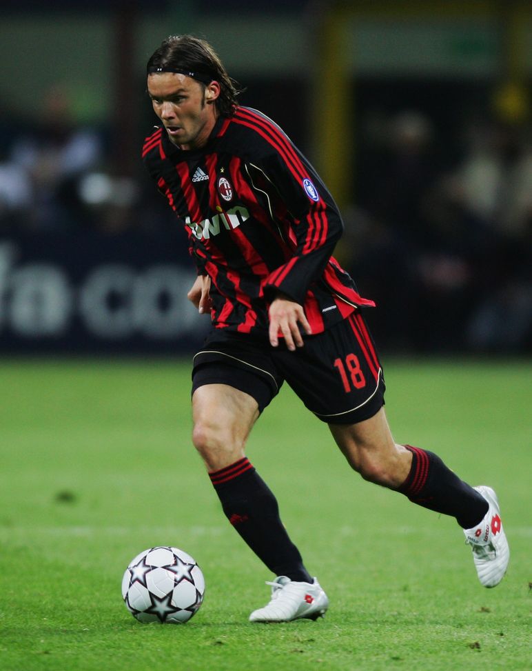 MILAN, ITALY - APRIL 03: Marek Jankulovski of Milan runs with the ball during the UEFA Champions League quarter final first leg match between AC Milan and Bayern Munich at the Giuseppe Meazza stadium on April 3, 2007 in Milan, Italy.  (Photo by Sandra Behne/Bongarts/Getty Images) 